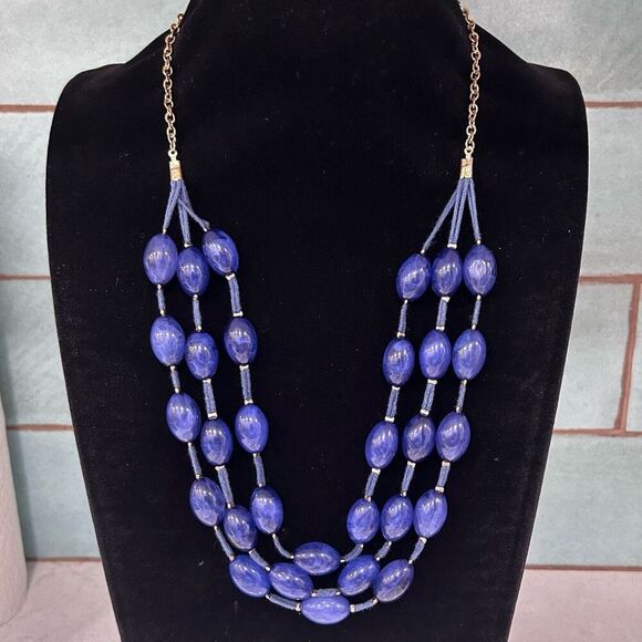 Vintage Triple Strand Beaded Layered Necklace Women's 24" Royal Blue Glass Beads - Picture 2 of 5